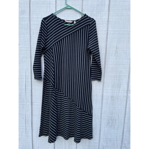 Soft Surroundings Striped‎ Midi Dress Ribbed Knit Casual Work Black PM - Picture 1 of 4